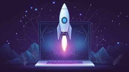 A computer screen shows a rocket launching into space. The image has a futuristic and adventurous mood, with the rocket soaring high above the mountains in the background