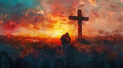 In this image, a person is seen kneeling by a wooden cross against a backdrop of a stunning, colorful sunset, symbolizing a moment of deep spirituality and introspection.