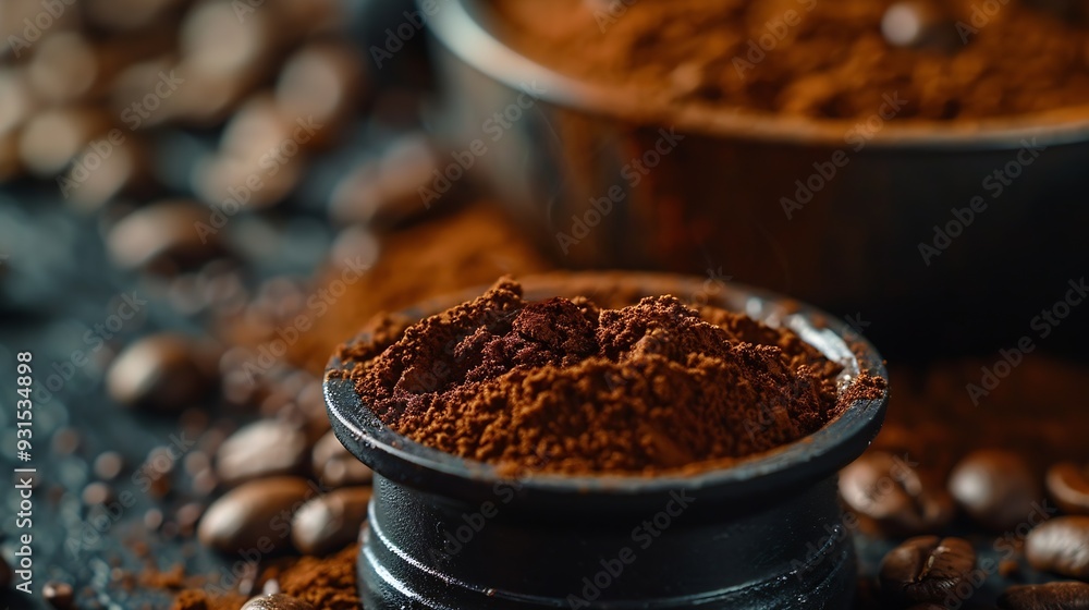 Poster tamped puck of coffee grounds within basket of portafilter and coffee beans spilled around in a dark