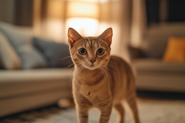 A cat stands on living room 