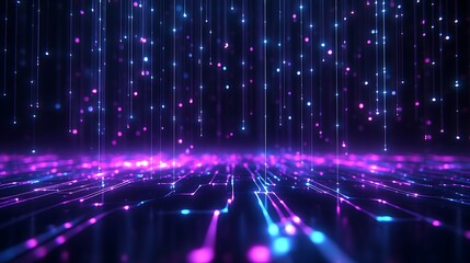 Naklejka premium Vibrant digital background with glowing lines and particles. Abstract technology concept with purple and blue hues. Futuristic virtual landscape.