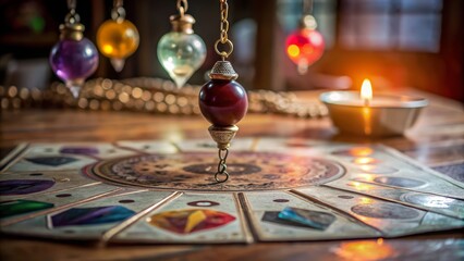 Cartomancy and Tarot Pendulum Divination Setup with Candles and Crystals