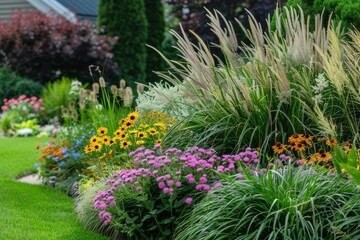 Fototapeta premium A tranquil garden scene with a mix of blooming perennials, annuals, and ornamental grasses, creating a lush, inviting space