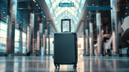 Obraz premium A light black suitcase standing on an airport floor, ready for travel