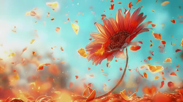 a flower faling from the sky,