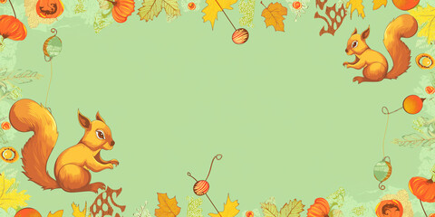 Fototapeta premium Halloween Squirrels and Ornaments: Soft Green Background with Squirrels 