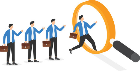 managers in business suits running in magnifier,
