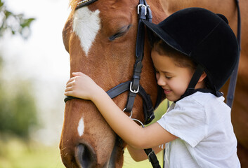 Girl, horse and hug outdoor for animal care, bonding and companion by countryside with riding...