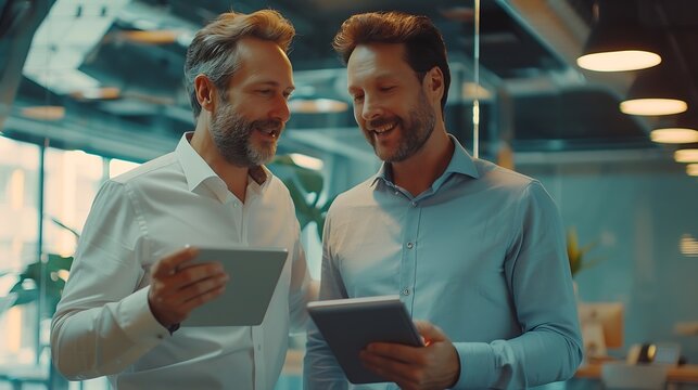 Business team of two happy successful professional business men executive working together standing in office using digital tablet computer technology managing data standing in corpora : Generative AI