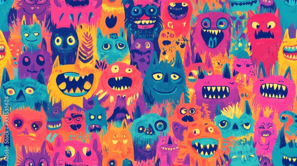 Poster a vibrant pattern of colorful monsters with cheerful faces and playful expressions, perfect for chil