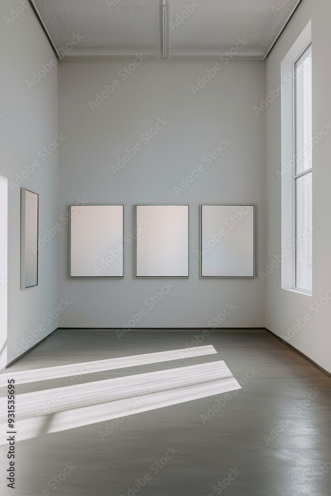 Poster a minimalist art gallery featuring three empty frames on a white wall.