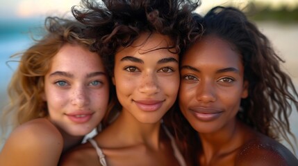 Portrait of three female friends looking at camera on the beach having fun : Generative AI