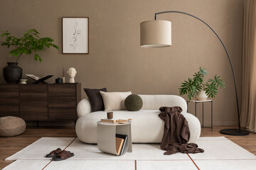 Stylish living room with a curved sofa, modern art, and a large floor lamp. Neutral colors and...