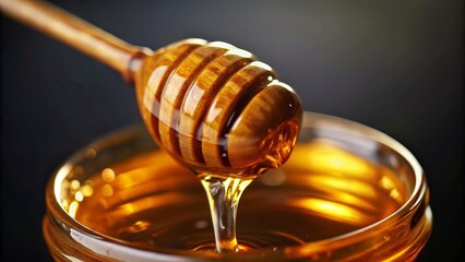 Close-Up of Honey Dripping from Wooden Dipper into Glass Jar