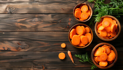 Different cuts of carrot in bowls on wooden background