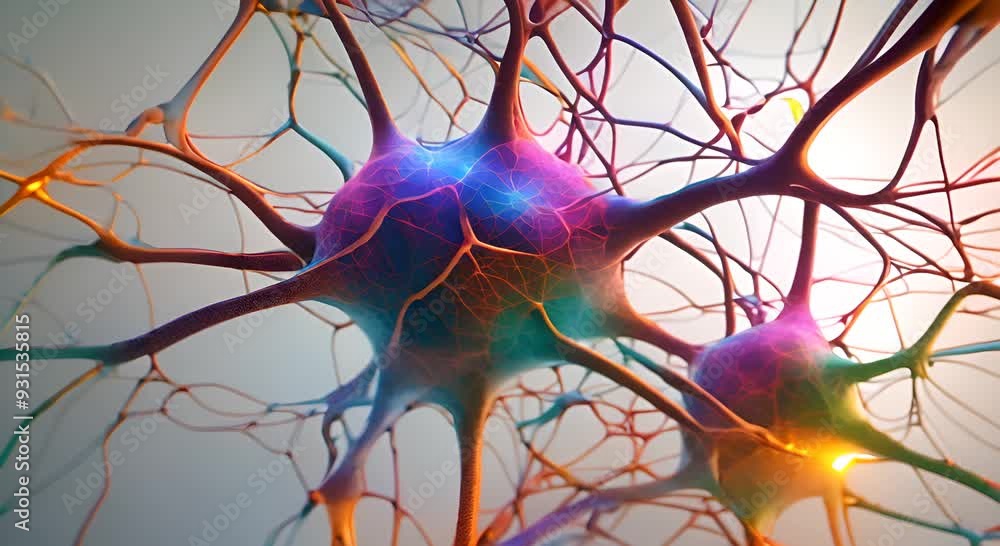 Poster colorful neuron network simulation with dynamic connections 4k animation