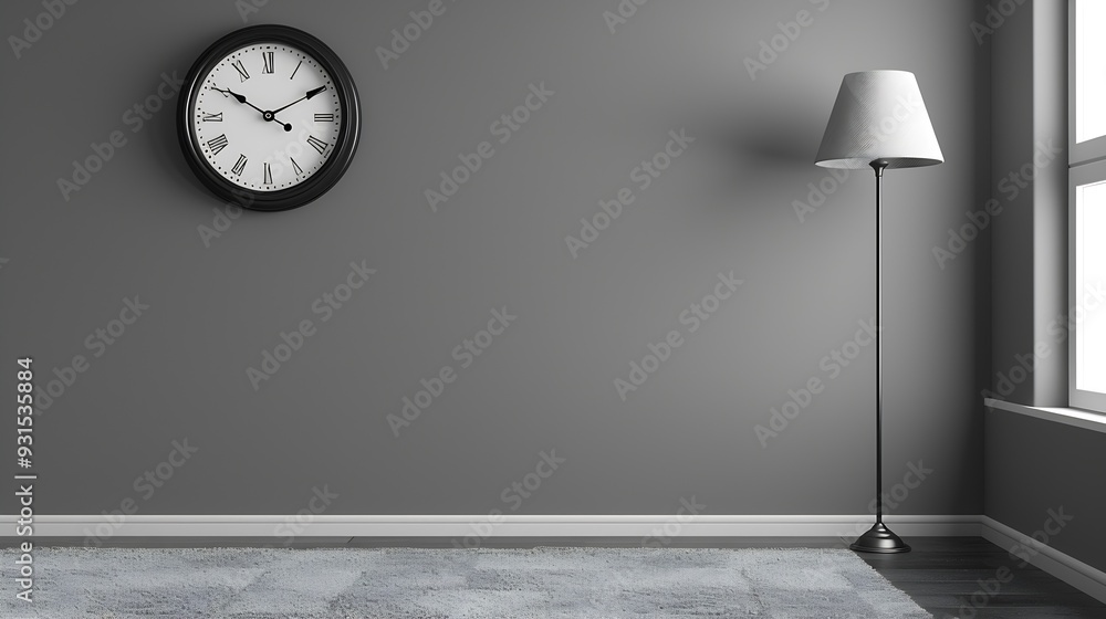 Aufkleber Grey empty room with black clock lamp and niche carpet style office style : Generative AI