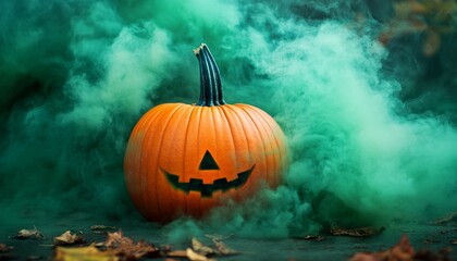 Naklejka premium Spooky Halloween Orange Pumpkin with Green Light on a Foggy Night