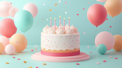 Elegant birthday cake with candles and balloons on pastel background