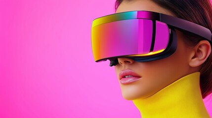 A woman wearing a yellow sweater and purple and gold glasses. The glasses are virtual reality goggles. The woman is looking at the camera
