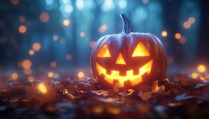Naklejka premium Glowing Jack-O'-Lantern with Spooky Background in Halloween Night Scene
