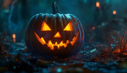 Spooky Halloween Background with Glowing Jack-O'-Lanterns and Misty Atmosphere