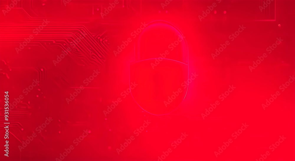 Poster digital illustration of a glowing red padlock symbolizing cybersecurity on a high tech circuit board