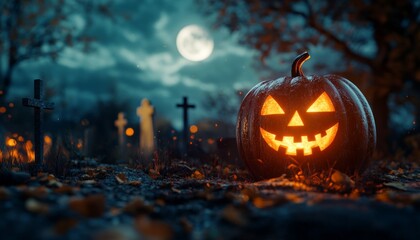 Jack-O'-Lantern in a Cemetery with Full Moon and Misty Atmosphere