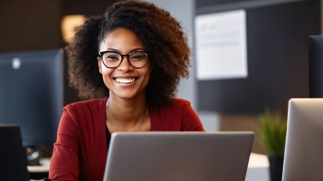 力強いITスペシャリストがプロジェクトに取り組む姿を捉えた黒人女性のクリエイティブオフィス