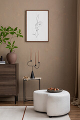 Cozy corner featuring a boucle ottoman, sleek candle holder, and minimalist decor. The warm tones and simple yet elegant design make this space perfect for relaxation. Mock up poster.