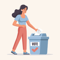 Woman putting Vote ballot paper in a voting box. Election campaign concept. Flat style illustration