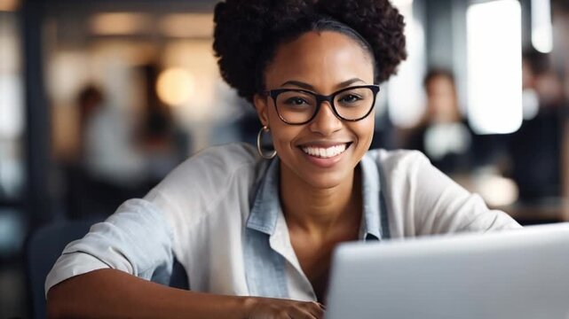 プロジェクトに集中する黒人女性ITスペシャリストがクリエイティブなオフィスで微笑む姿