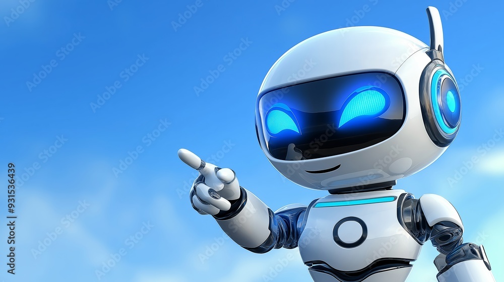 Poster a robot with blue eyes and a white body pointing to the right. the robot is smiling and he is happy