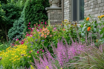 Fototapeta premium A tranquil garden scene with a mix of blooming perennials, annuals, and ornamental grasses, creating a lush, inviting space