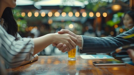 Business people negotiation and handshake for deal agreement or partnership in office Shaking hands closeup and hiring offer for recruitment b2b collaboration or data analyst at table  : Generative AI