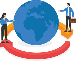 men in business suits and arrows around the globe,

