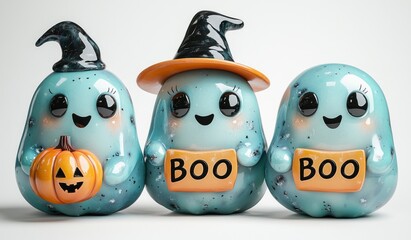 Fototapeta premium Cute Blue Ghosts with Hats and Boo Signs - 3D Illustration