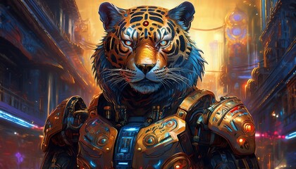 Fototapeta premium Pantera Tigris in mechanical armor, full view with bright background building and vehicle
