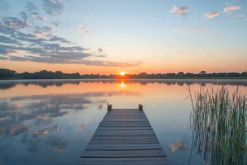 Obraz premium Tranquil sunrise over a still lake with a wooden dock extending into the water.