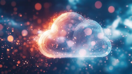 A vibrant cloud symbol surrounded by glowing particles, representing digital connectivity and data storage in the cloud.