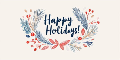 Happy holidays greeting with blue and red botanical elements, featuring pine branches and berries on a light background, ideal for Christmas and winter season celebrations