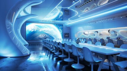 Fototapeta premium The meeting room of the future in a spaceship. A futuristic meeting room in a spaceship.