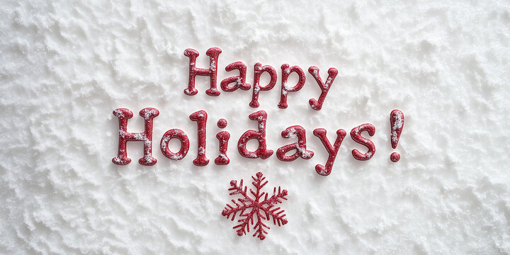 Happy holidays greeting with red text and a snowflake on a textured snowy background, ideal for Christmas and winter season celebrations, holiday cards, and festive decoration