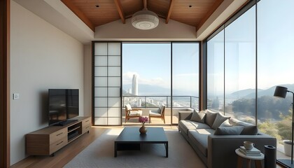 Fototapeta premium Living room with beautiful view in japanese house interior background. 