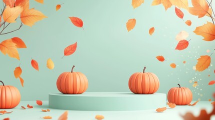 Autumn Display Podium Decoration Background with Autumn leaves and empty minimal podium pedestal product display.Background or banner template for the design of Autumn and Fall Banners