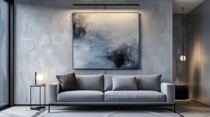 A minimalist living space with a gray sofa, abstract art, and soft lighting, creating a serene atmosphere