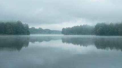 Fototapeta premium A misty morning landscape with gray fog rolling over a quiet lake, reflecting the muted sky