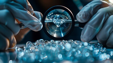 Closeup view of persons hands in protective gloves holding special equipment and examining quality of diamond Magnifying loupe on table Luxury jewelry concept : Generative AI