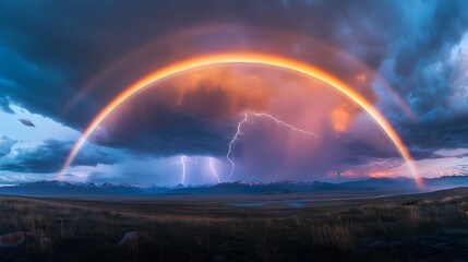 Fototapeta premium Majestic Rainbow Arching Over Stormy Skies With Dramatic Lightning and Northern Lights
