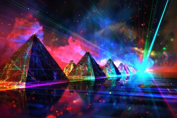 The futuristic neon light pyramids in the background belong to a sci-fi landscape